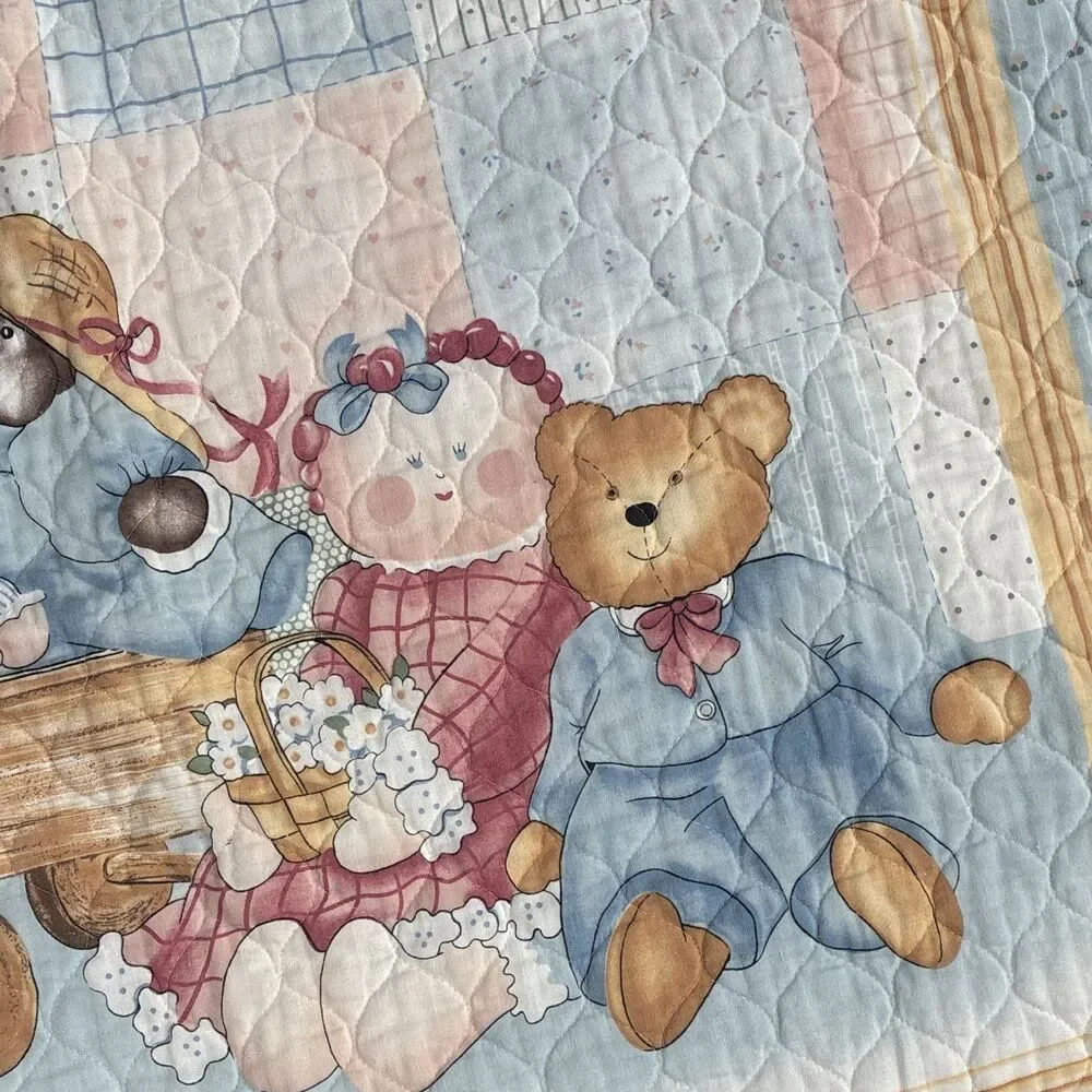 Quilted Crib Quilt Blanket Blue Pink Patchwork Teddy Bears Rag Doll Theme